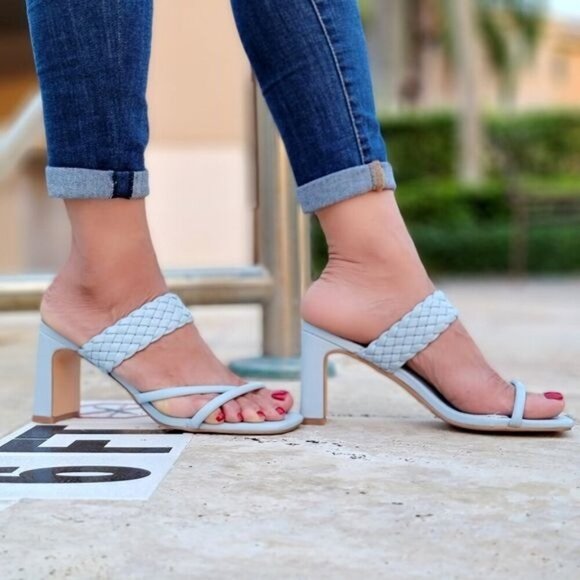 Women's Blue Braided Chunky Block Heel Slide Sandals - Picture 4 of 5